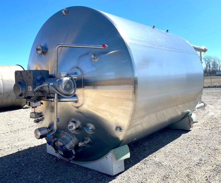 ***SOLD*** 7500 Gallon Jacketed Sanitary Mix Kettle/Processor with Sweep Mixer with Scraper Blades. Cone Bottom and Dish Top. Built by Feldmeier. Internal Rated 10 PSI.  (2) Zone Jacket rated 100 PSI @ 350 Deg.F.. 304 Stainless Steel. 10' Dia. x 12' T.T. 126.5